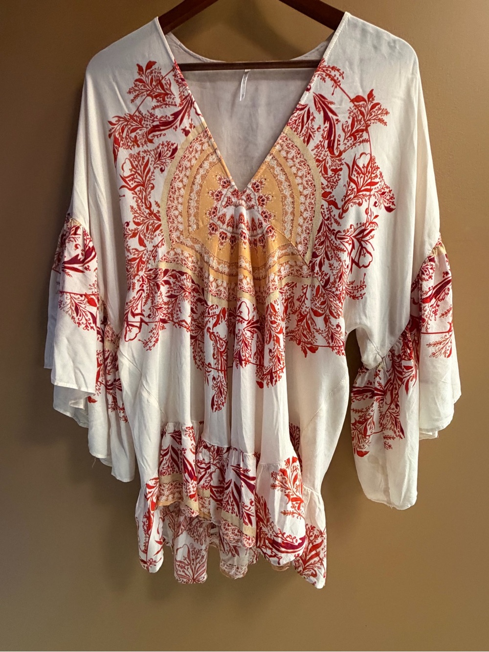 Free People Sunset Dreams Cream Tunic w/Rust Floral Print Flowy bell sleeves